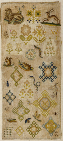 Sampler, Geometric and Stylized Floral Motifs among finely-drawn, naturalistically-shaded Animals ...