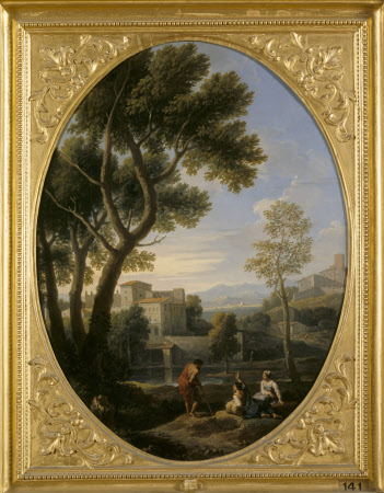 Classical Landscape with a Man and Two Women conversing, a Villa in the Distance