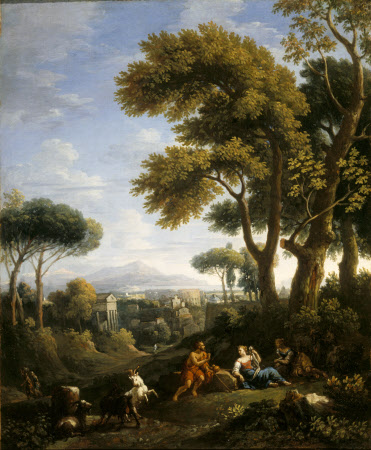 A Classical Landscape with a Traveller and Two Women Conversing and Three Goats Gambolling