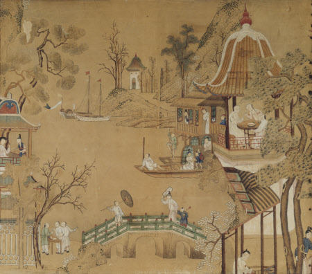 Collage of Chinese prints set into overmantel