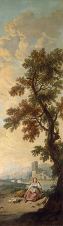 Landscape with Female Figure Seated beneath a Tall Tree in a River Landscape, her Dog Asleep 
