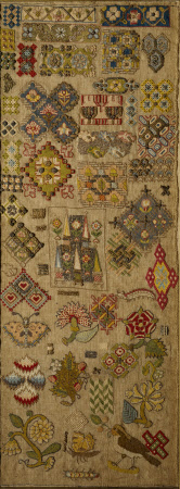 Densely-crowded Spot Sampler with Geometric Patterns including 'S' Motifs, Obelisks, Hearts, a ...