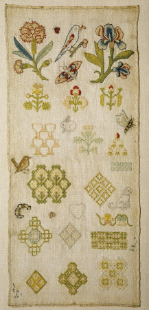 Sampler, Geometric and Naturalistic Motifs; including a Caterpillar with black bead eyes, and a ...